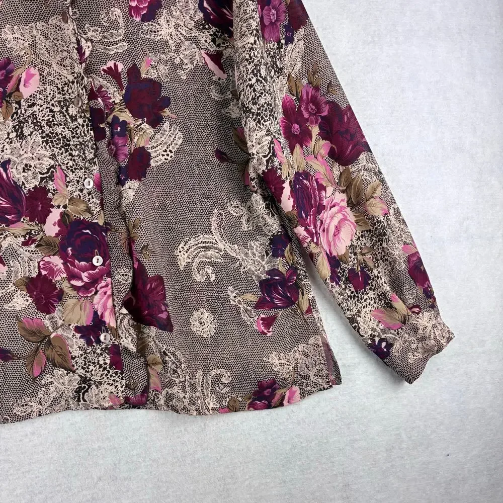 Vintage Notations Long Sleeve Button Up Blouse Women's Large Floral Lace Ruffle
